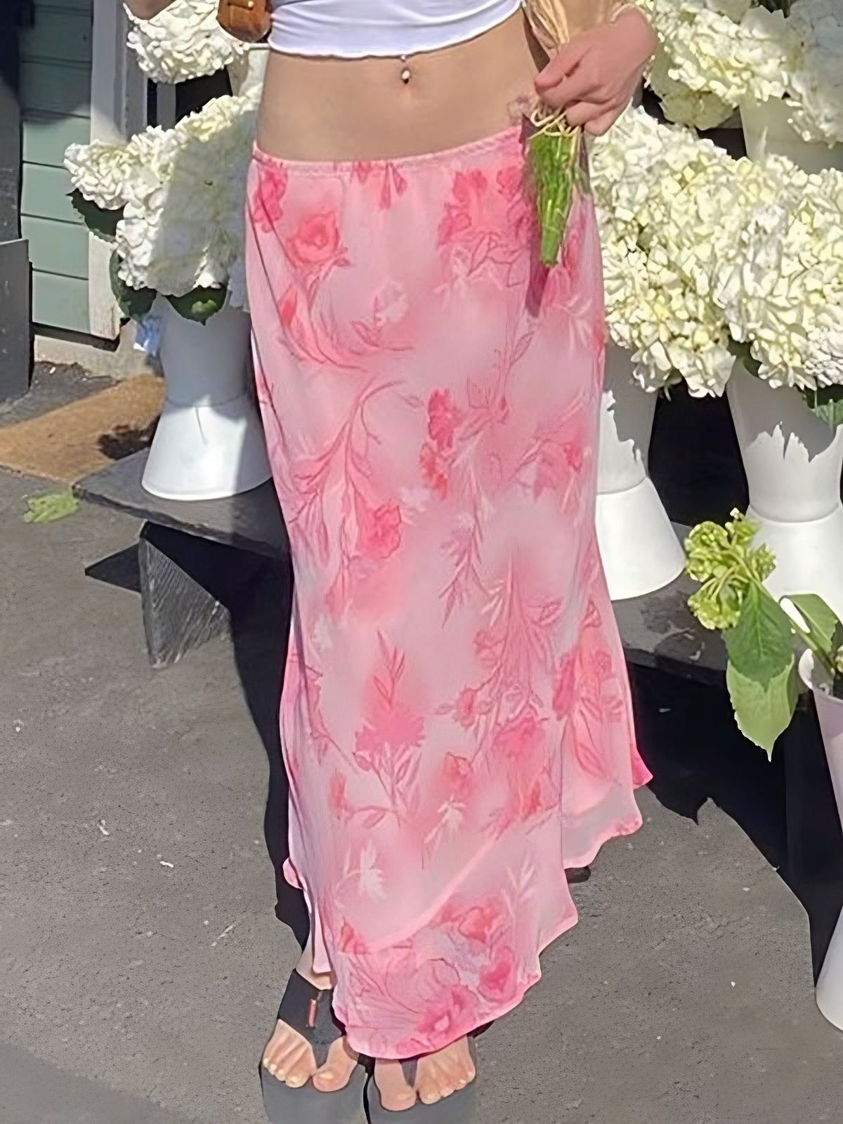 Roze midi-rok van chiffon met bloemenprint