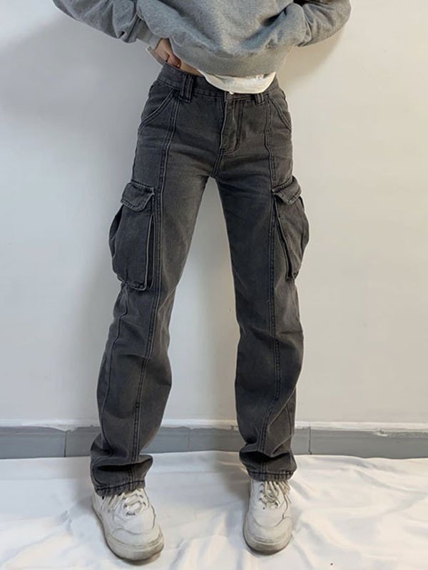 Grey Mid Waist Cargo Jeans with Patched Pockets