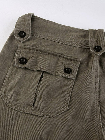 Grey Straight Leg Cargo Jeans with Buttons and Patched Pockets