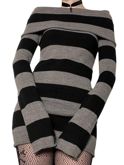 Minirobe en tricot rayée à manches longues et épaules dénudées