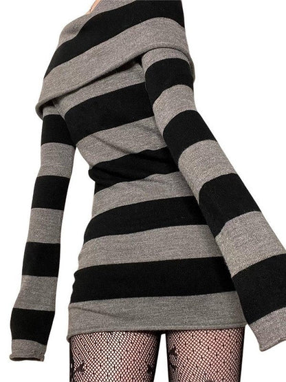 Minirobe en tricot rayée à manches longues et épaules dénudées