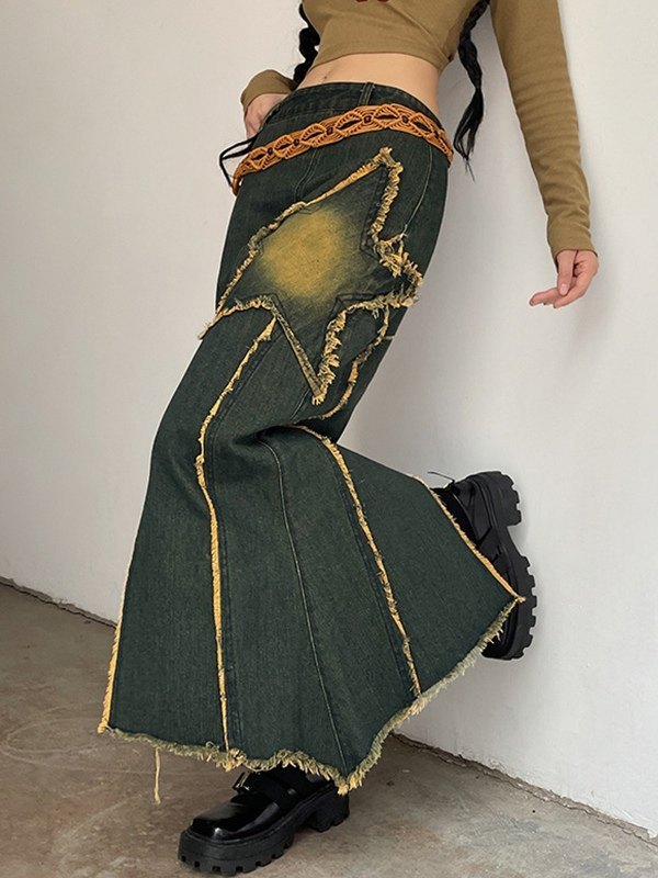 Embroidered Star Denim Maxi Skirt with Slit