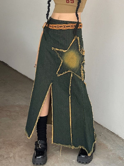 Embroidered Star Denim Maxi Skirt with Slit
