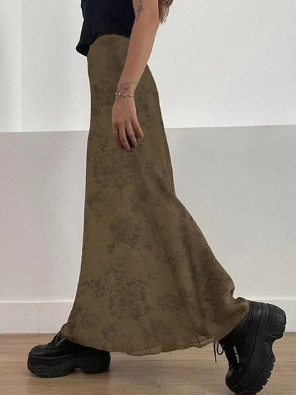 Brown Vintage Mesh Maxi Skirt with Floral Pattern