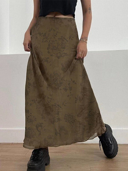 Brown Vintage Mesh Maxi Skirt with Floral Pattern