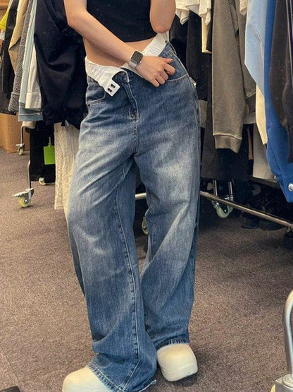 Boyfriend-jeans met verwassen effect en opvouwbare taille