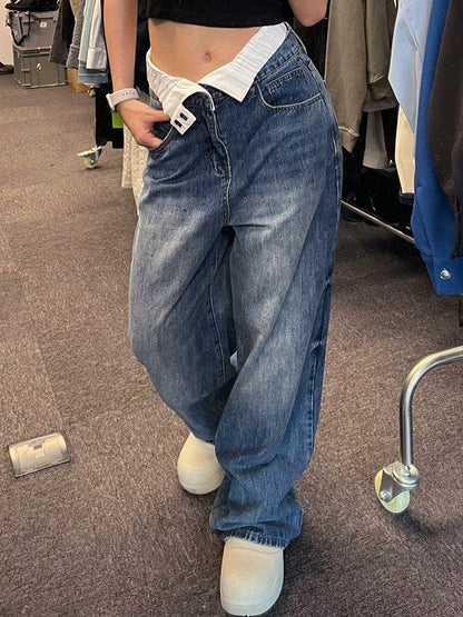 Boyfriend-jeans met verwassen effect en opvouwbare taille