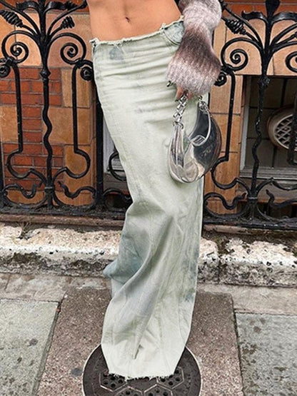 Faded Effect Long Maxi Denim Skirt with Back Slit