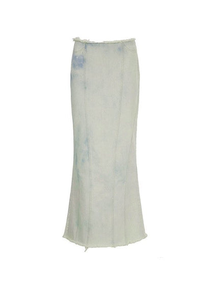 Faded Effect Long Maxi Denim Skirt with Back Slit
