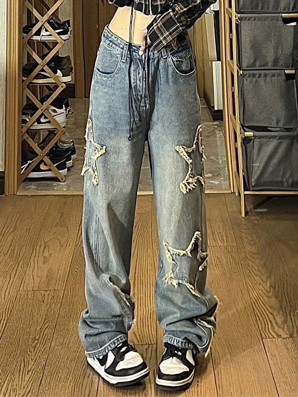 Washed Effect Vintage Boyfriend Jeans with Stars Patch