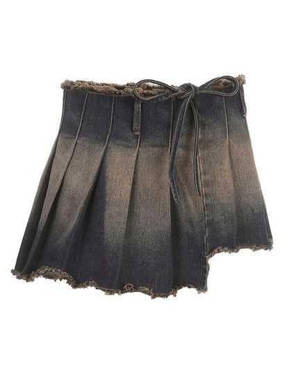 Irregular Pleated Denim Mini Skirt