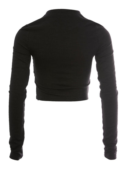 Black Long Sleeve Crop Top with Graphic Pattern