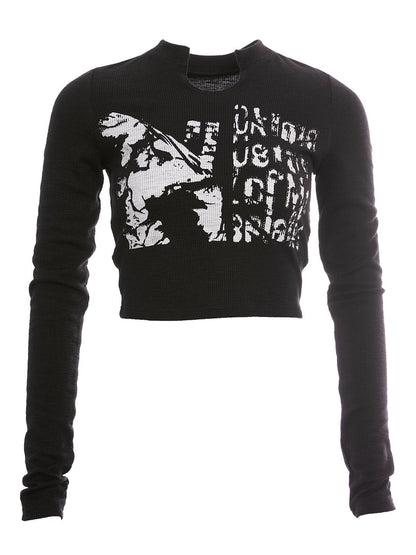 Black Long Sleeve Crop Top with Graphic Pattern