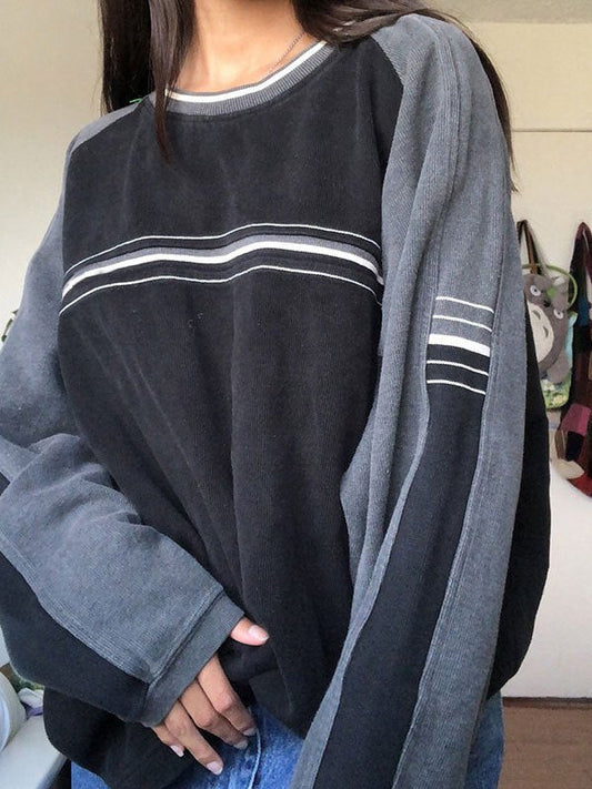 Striped Crew Hoodie with Patchwork
