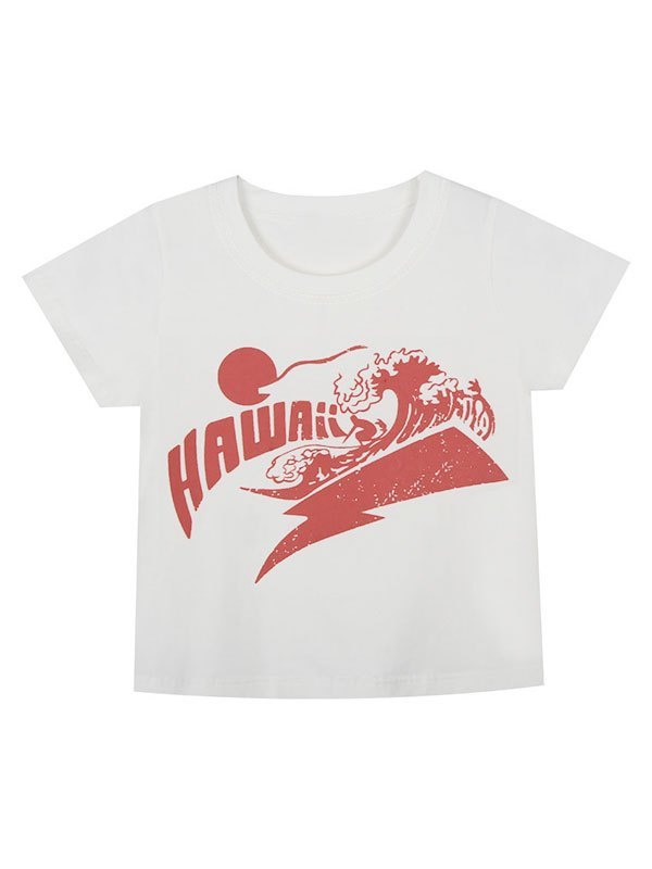 T-Shirt Crop Top Blanc Imprimé Scène Hawaïenne