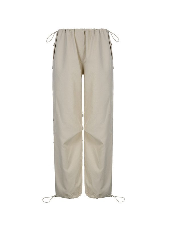 Beige Baggy Parachute Cargo Pants with Drawstring