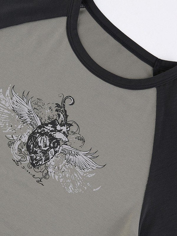 Raglan Sleeve Crop Top with Grunge Wing Print