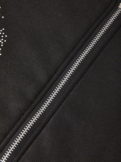 Zwarte hoodie met rits en strass kruispatroon