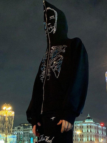 Black Zip-Up Hoodie with Rhinestones and Face Logo