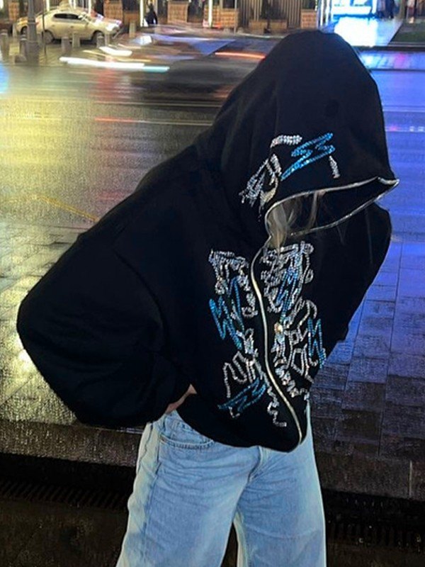 Black Zip-Up Hoodie with Rhinestones and Face Logo