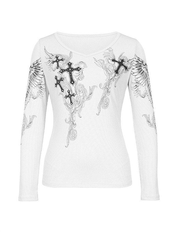 White Vintage Grunge Ribbed Top with Cross Print and Rhinestones