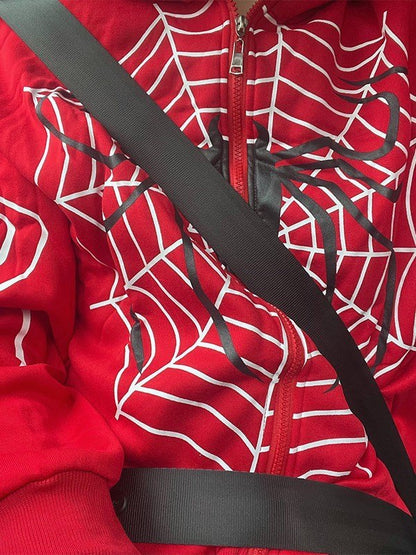 Sweat à capuche zippé rouge avec logo araignée