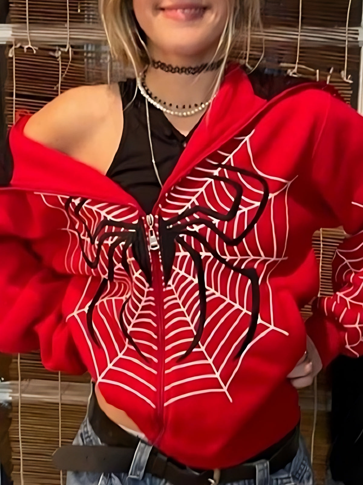 Red Zip-Up Hoodie with Spider Logo