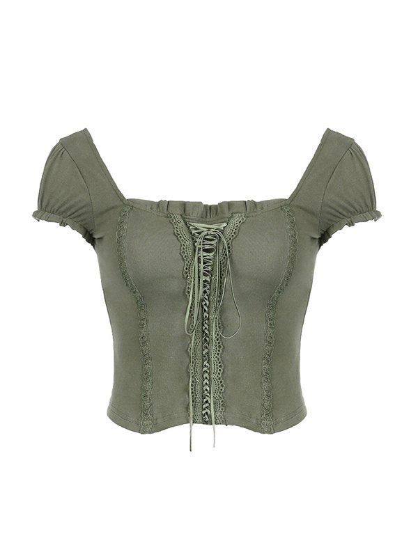 Green Fairy Grunge Short Sleeve Top with Lace Trim