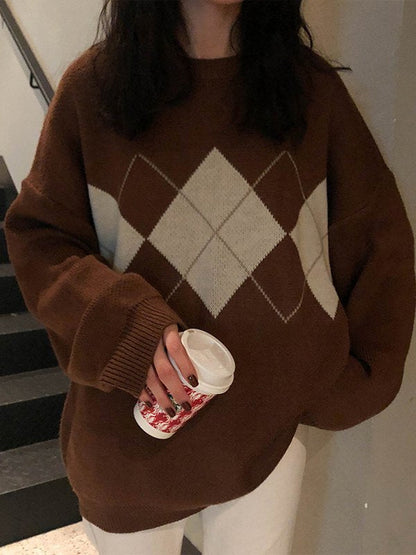Vintage Brown Argyle Basic Sweater