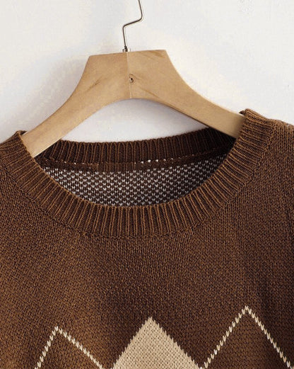 Vintage Brown Argyle Basic Sweater