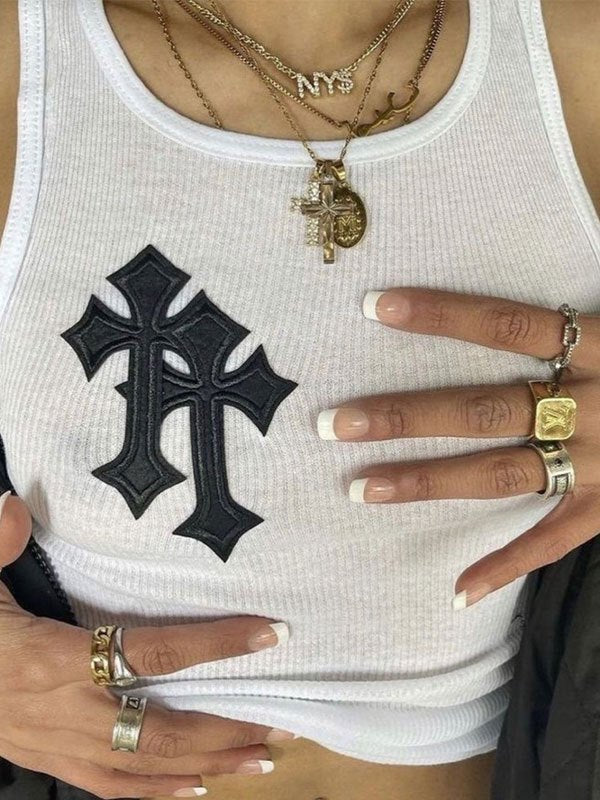 White Ribbed Crop Tank Top with Cross Patch