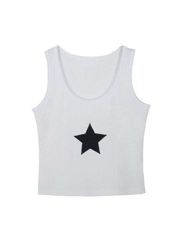 White Ribbed Crop Tank Top with Star Patch