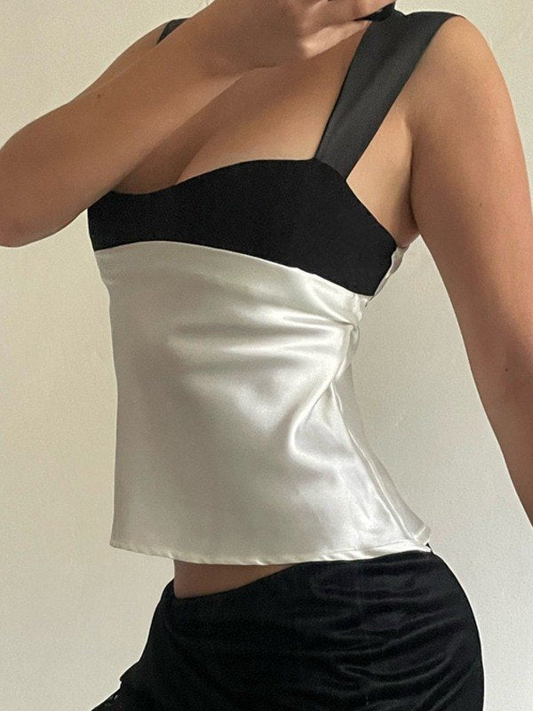 Patchwork Satin Tank Top with Back Strap