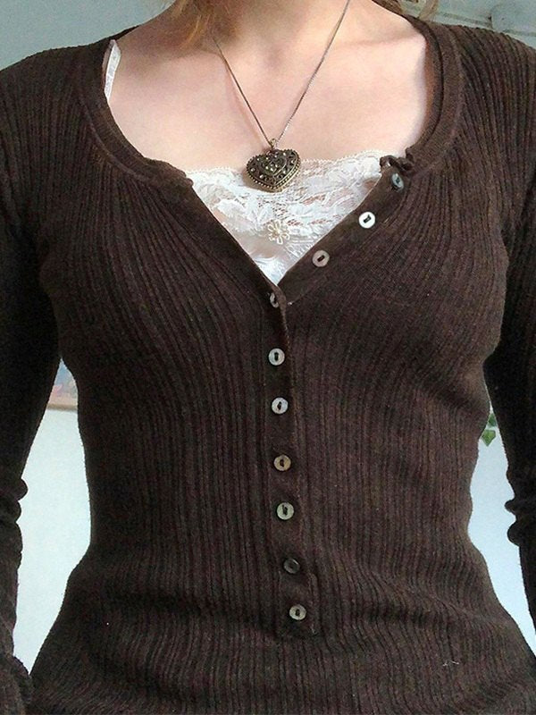 Brown Long Sleeve Knit Top with Lace Pattern and Buttons