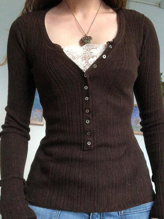Brown Long Sleeve Knit Top with Lace Pattern and Buttons