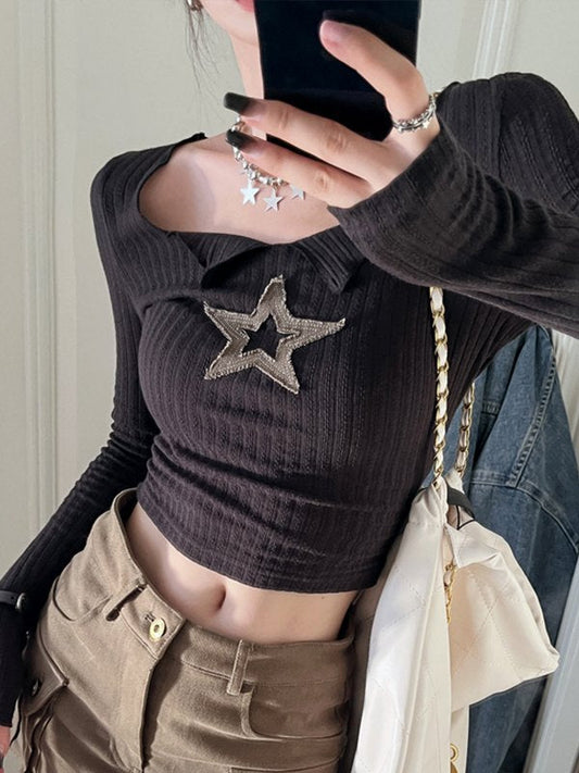 Black Star Patched Long Sleeve Knit Crop Top