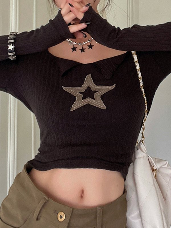 Black Star Patched Long Sleeve Knit Crop Top