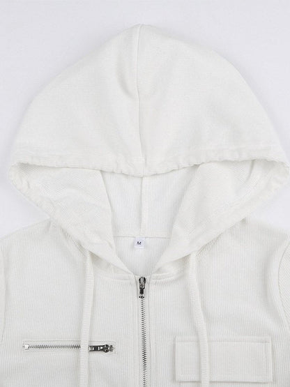 White Crop Knit Top with Hood and Zip