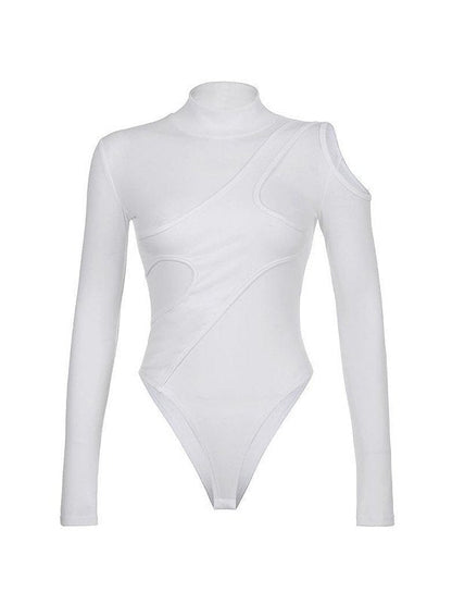 White Long Sleeve Bodysuit with Patchwork Neckline