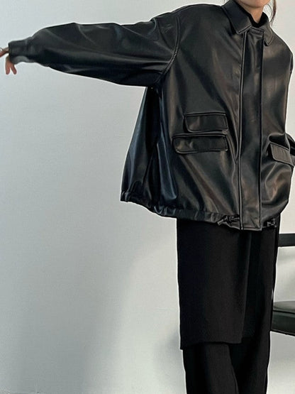 Retro Oversized Black Vegan Leather Jacket with Zipper