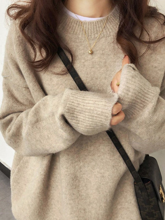 Vintage Solid Color Oversize Pullover with Crew Neck