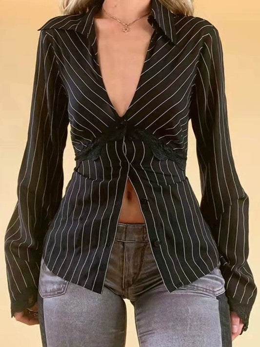 Vintage Long Sleeve Striped Blouse with V Neck and Lace Detail