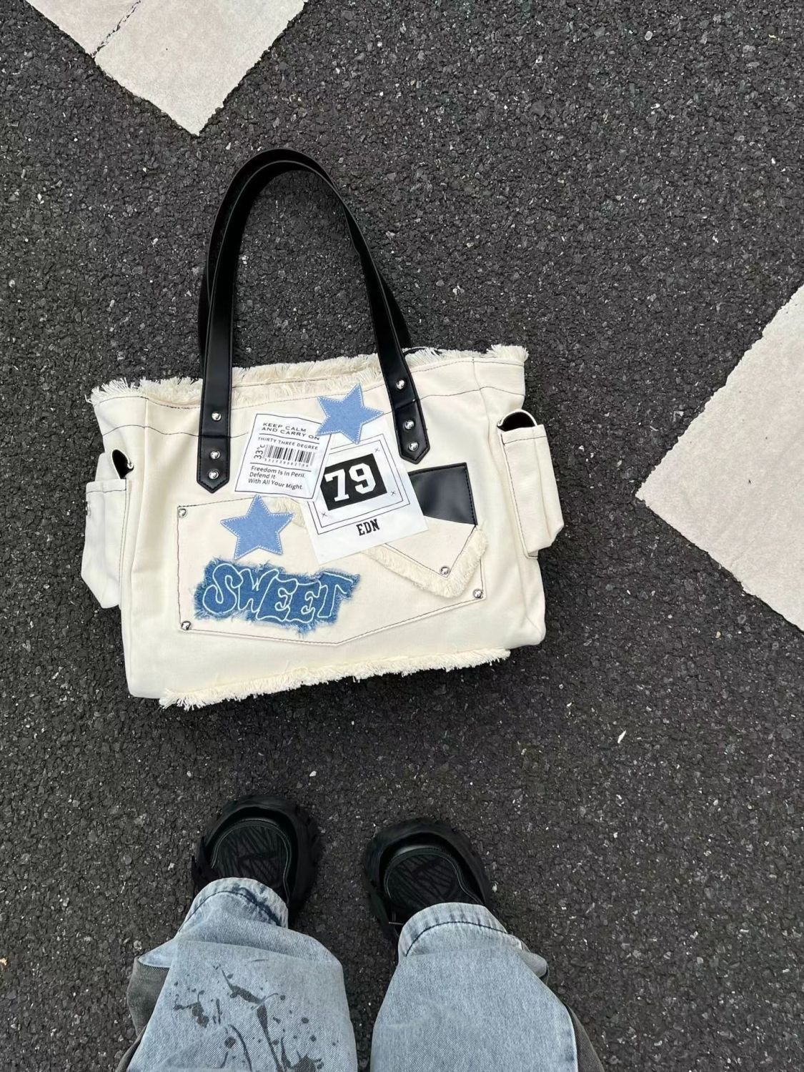 Y2K Large Sticker Canvas Bag with Star Patches