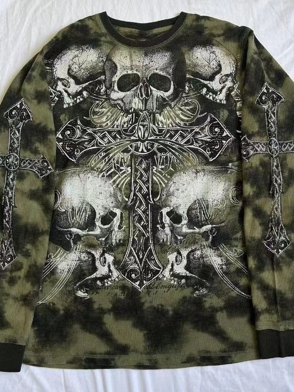 Punk Oversized Long Sleeve Top with Skull Cross Print