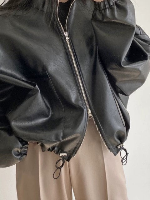 Black Vintage Drawstring Vegan Leather Jacket with Collar Neck