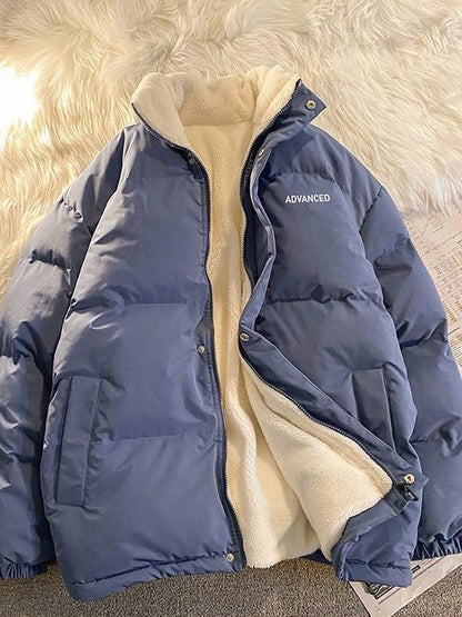 Vintage Solid Short Padded Coat with High Neck and Zipper