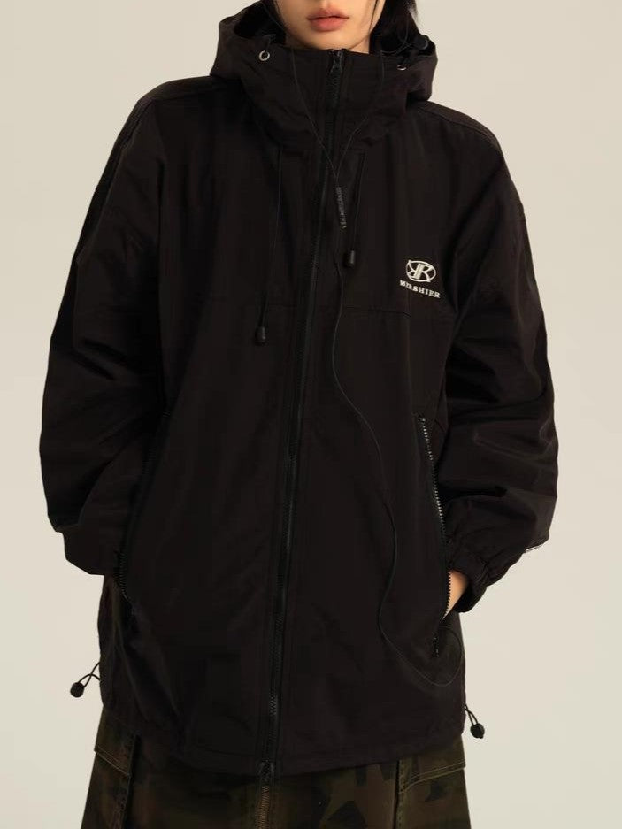 Oversized Retro Black Waterproof Outdoor Jacket with Hood