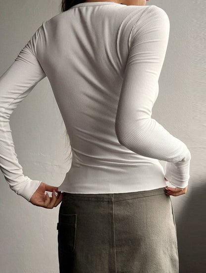 Classic Solid Color Long Sleeve Ribbed Shirt with V Neck