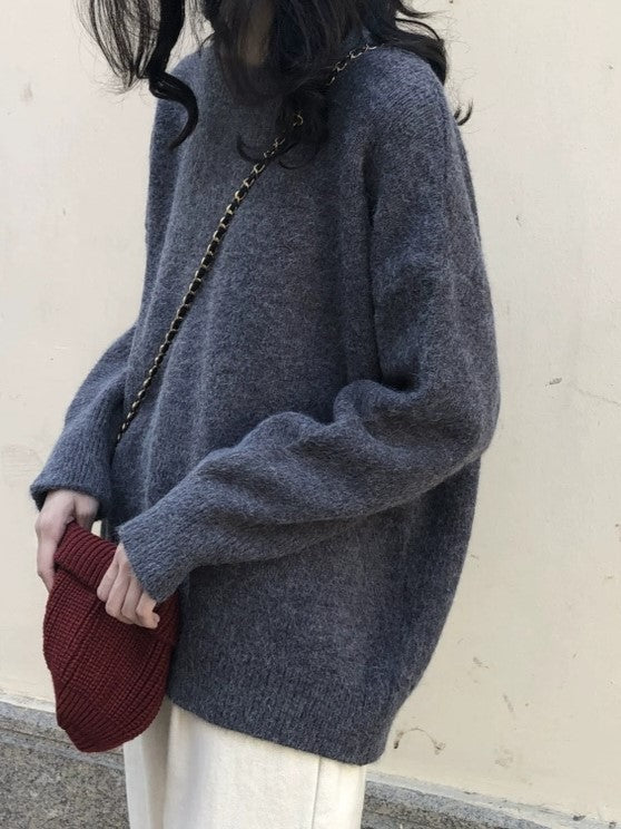 Vintage Solid Color Oversize Pullover with Crew Neck