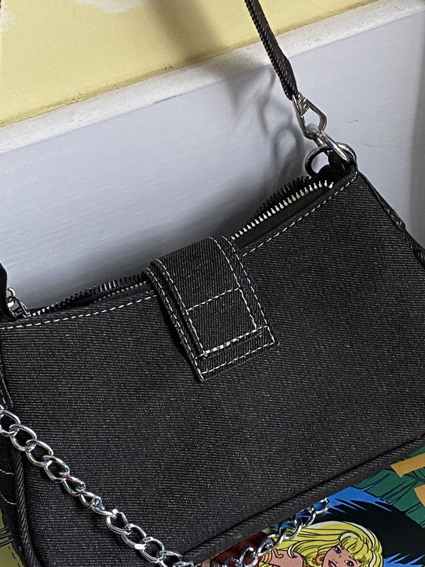 Black Y2K Denim Shoulder Bag with Patched Star